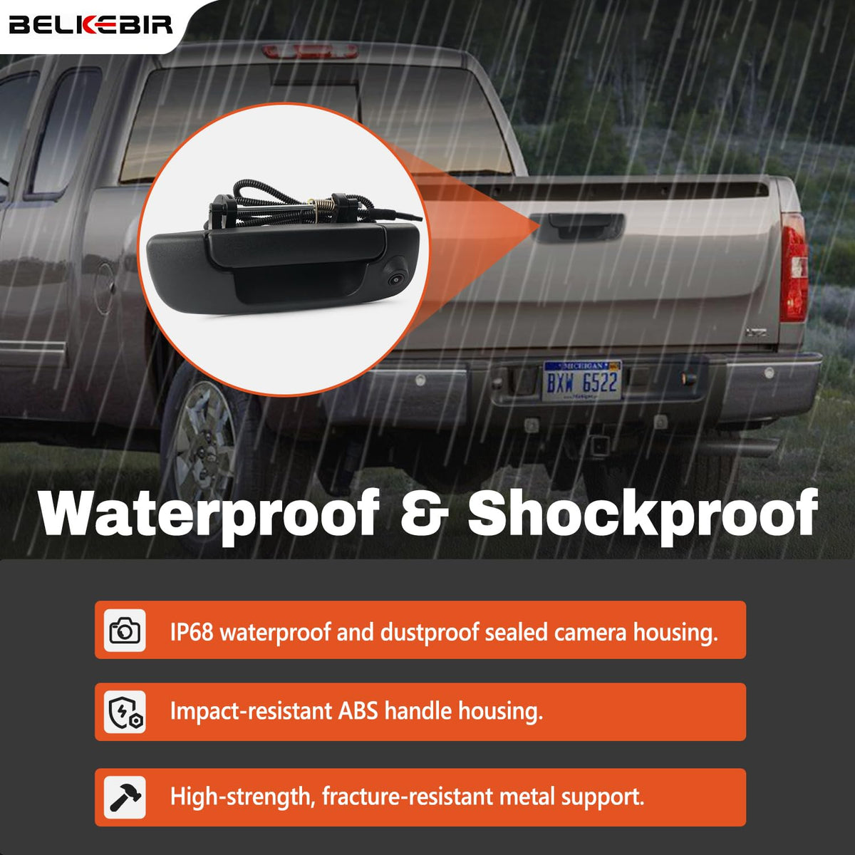 BELKEBIR night vision tailgate camera enhances visibility in low light conditions.