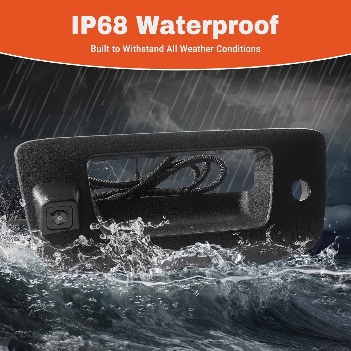 BELKEBIR tailgate camera with water droplets showing IP68 waterproof protection