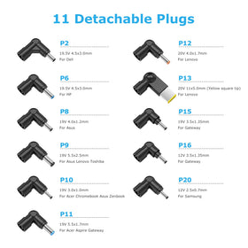 Belker 45W charger connected to a Dell laptop highlighting universal voltage options.