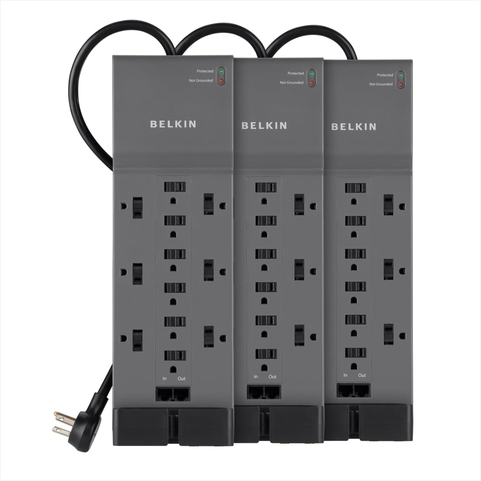 Belkin 12-outlet surge protector power strip with 3,940 joules of protection for desktops and peripherals.