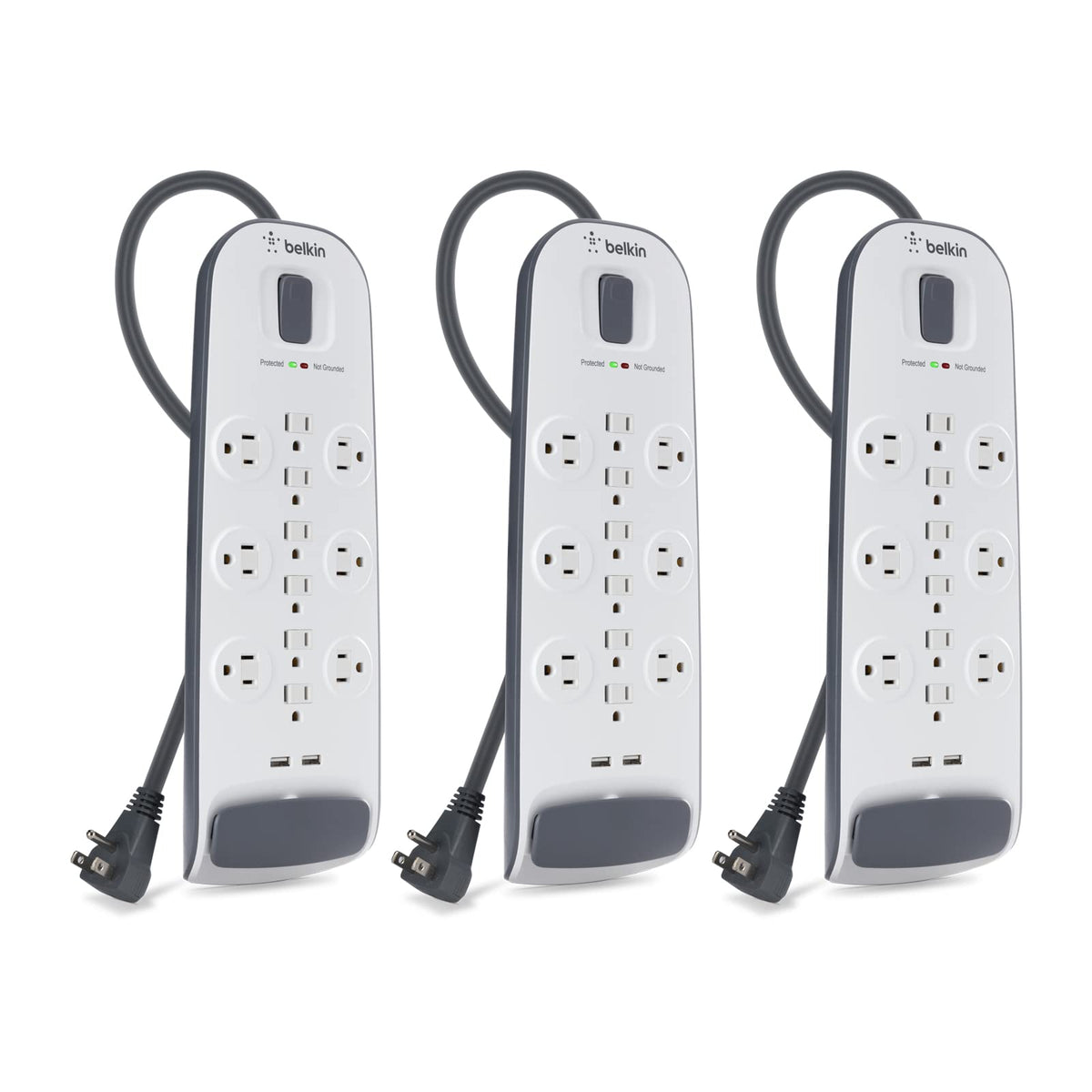 Belkin 12-outlet power strip with USB ports for a tidy desk charging setup.