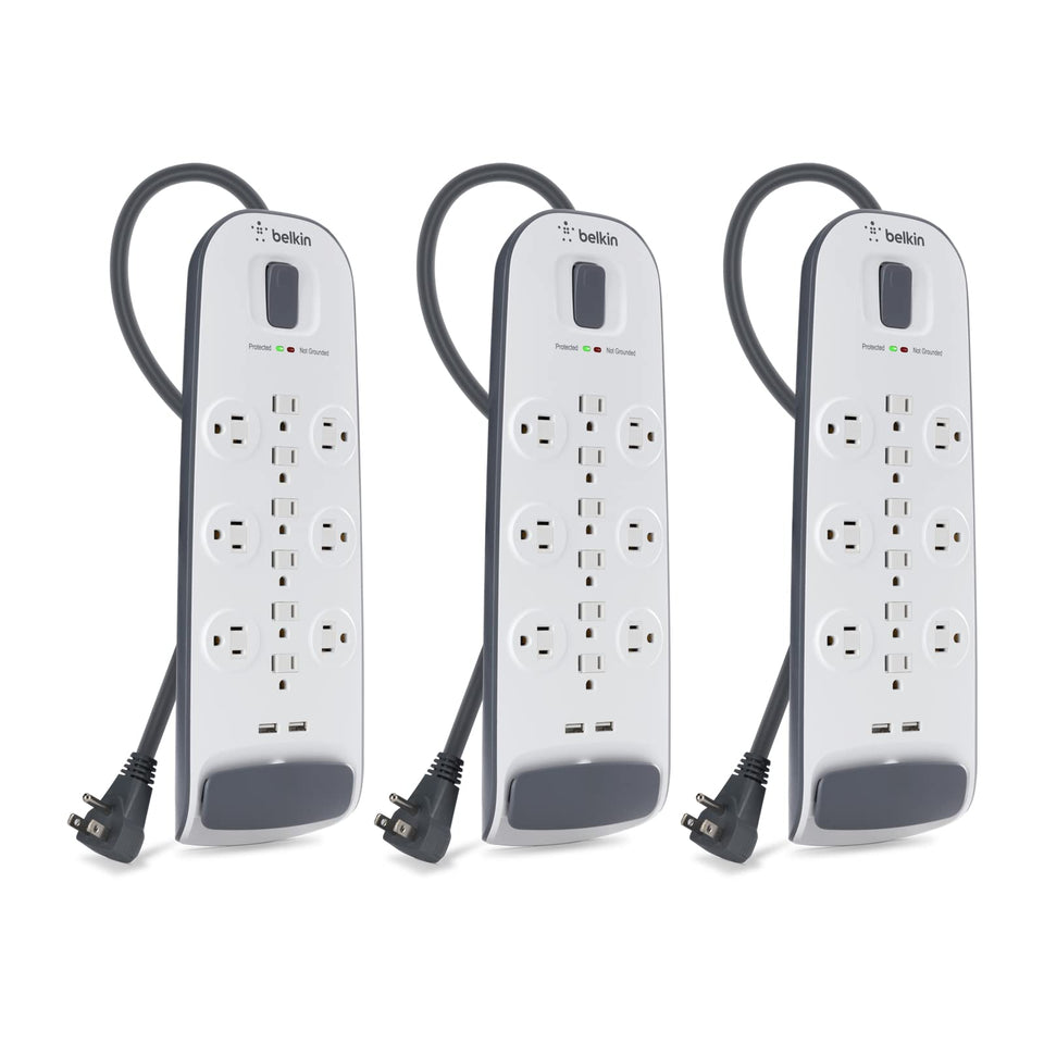 Belkin 12-outlet power strip with USB ports for a tidy desk charging setup.