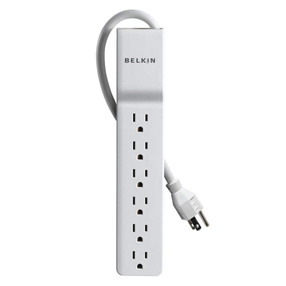 Belkin 555-joule surge protector in white guards devices from power spikes.