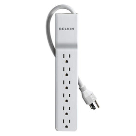 Belkin 555-joule surge protector in white guards devices from power spikes.