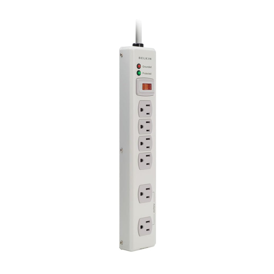 Belkin 6-outlet metal surge protector in beige with a 6 ft cord, safeguarding workshop gear.