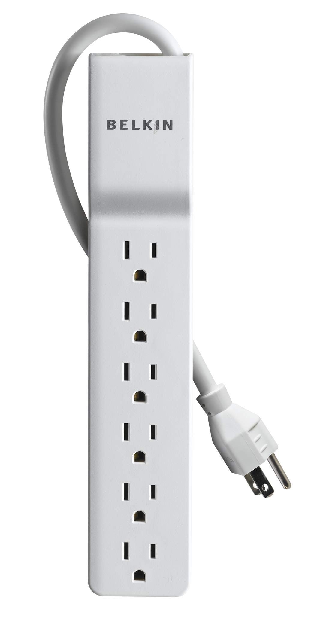 Belkin 6-outlet surge protector with 4 ft cord protects home electronics.