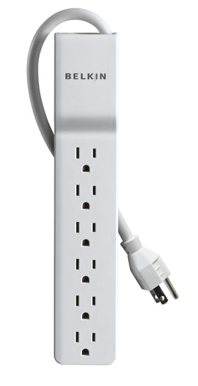 Belkin 6-outlet surge protector with 4 ft cord protects home electronics.