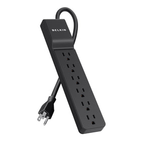 Belkin 6-outlet surge protector front view delivering clean, protected power for electronics.