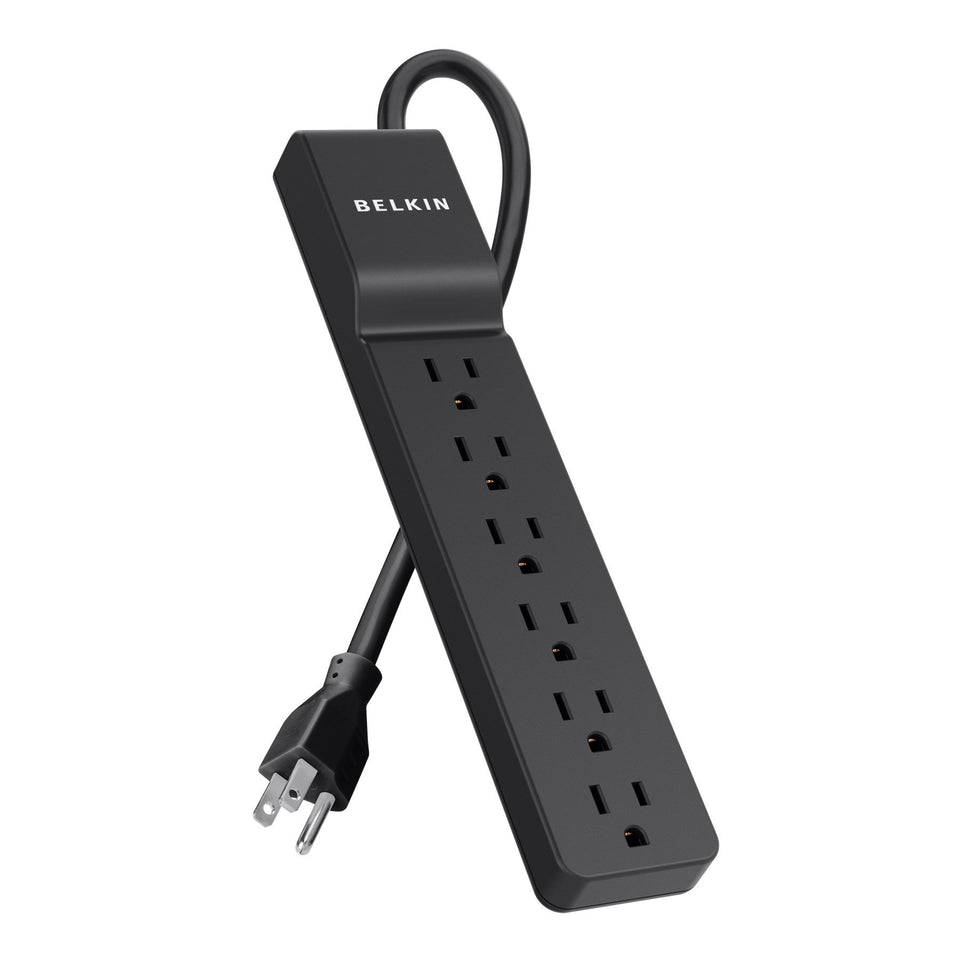 Belkin 6-outlet surge protector front view delivering clean, protected power for electronics.