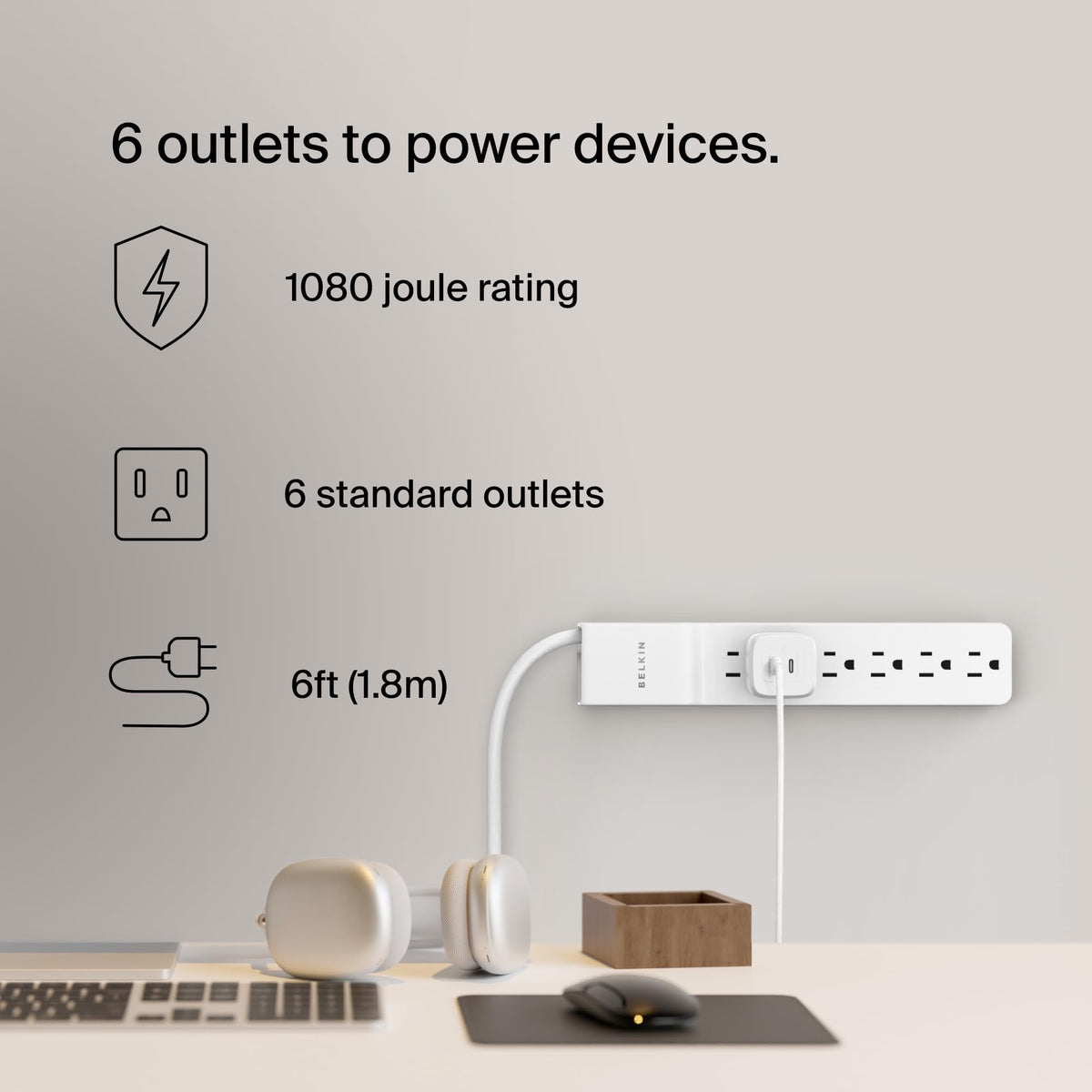 Belkin surge protector with widely spaced outlets to fit large plugs