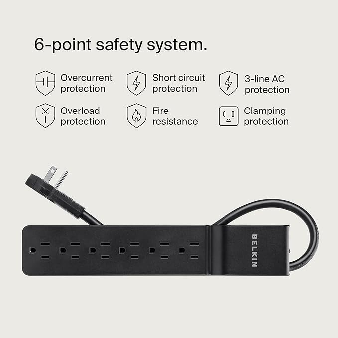 Belkin 600-joule surge protector guards devices during power spikes.