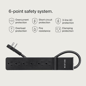 Belkin 600-joule surge protector guards devices during power spikes.