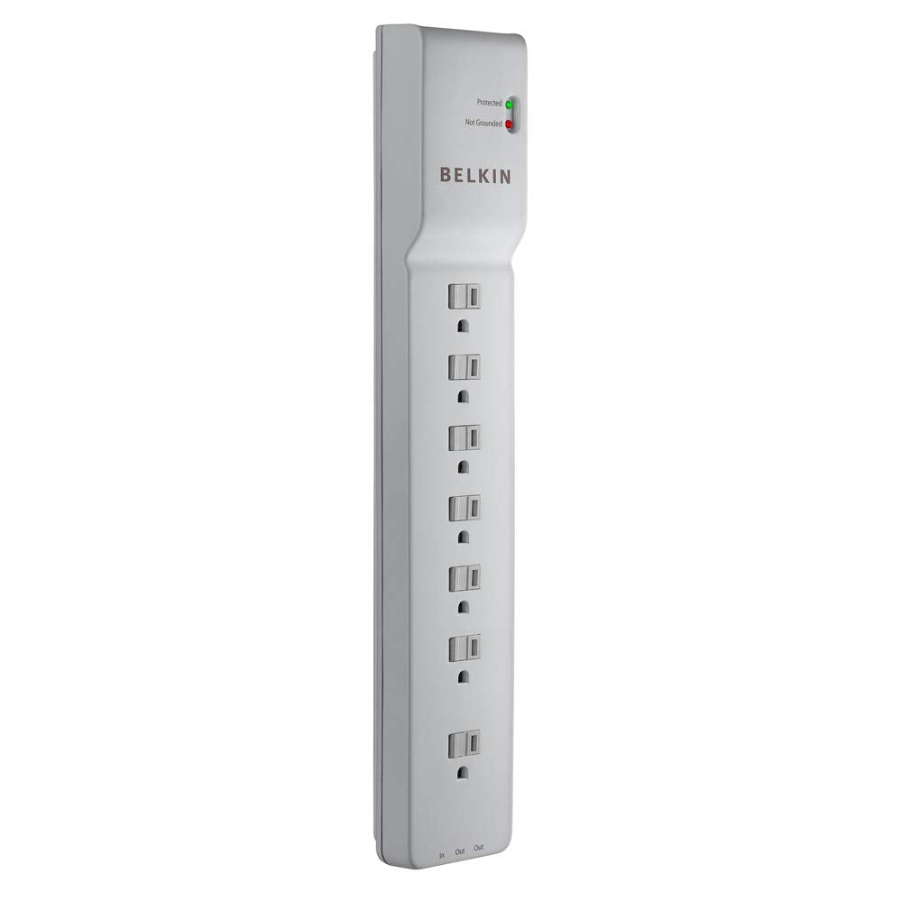 Belkin 7-outlet surge protector viewed from the side for organized home office power.