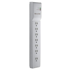 Belkin 7-outlet surge protector viewed from the side for organized home office power.