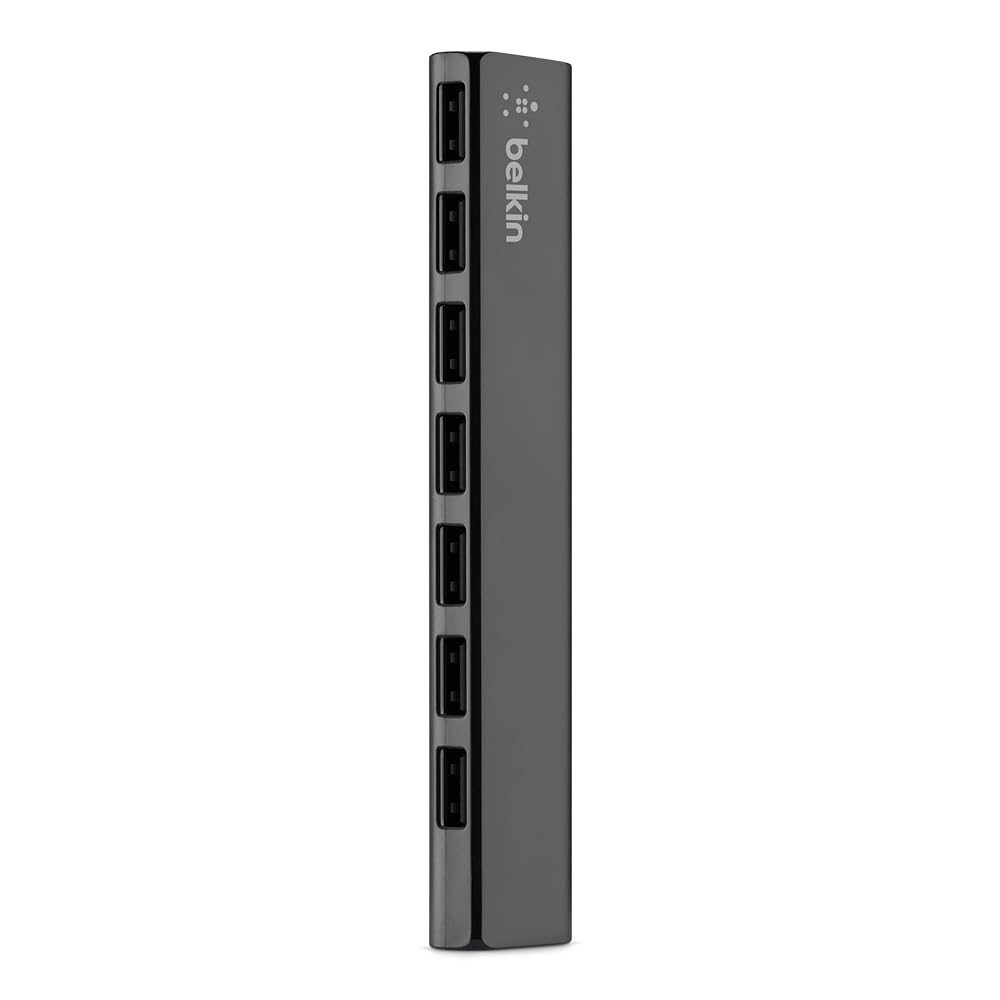Belkin 7-port ultra-slim USB hub front view showing compact desk space