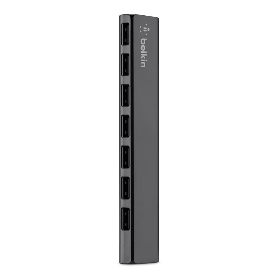 Belkin 7-port ultra-slim USB hub front view showing compact desk space