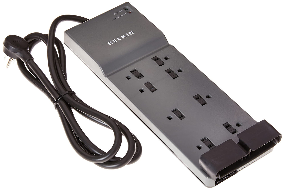 Belkin 8-outlet surge protector with flat plug for a clutter-free desk setup.
