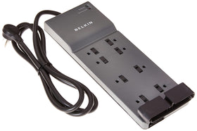 Belkin 8-outlet surge protector with flat plug for a clutter-free desk setup.