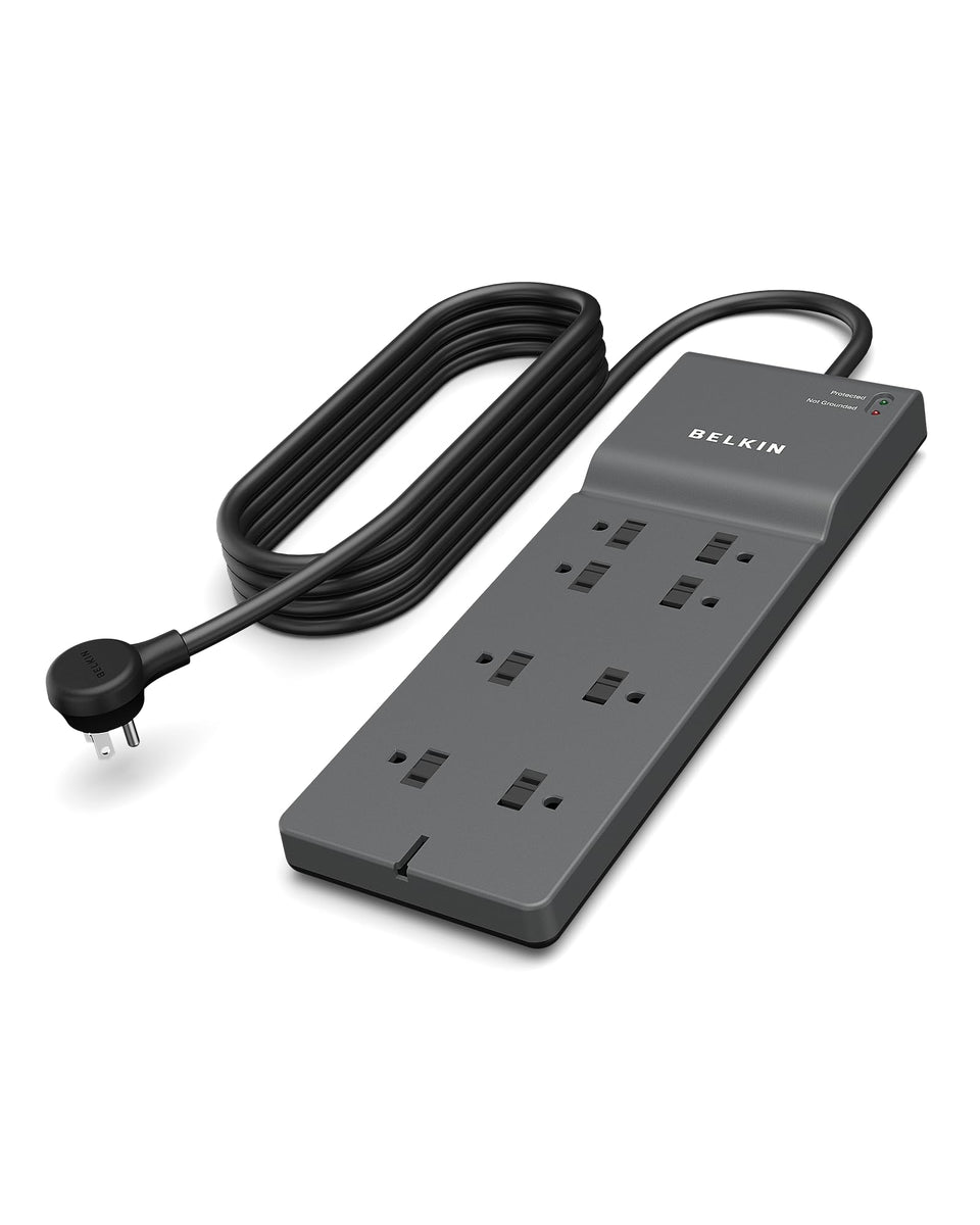 Belkin 8-outlet surge protector with eight outlets for an organized desk setup.