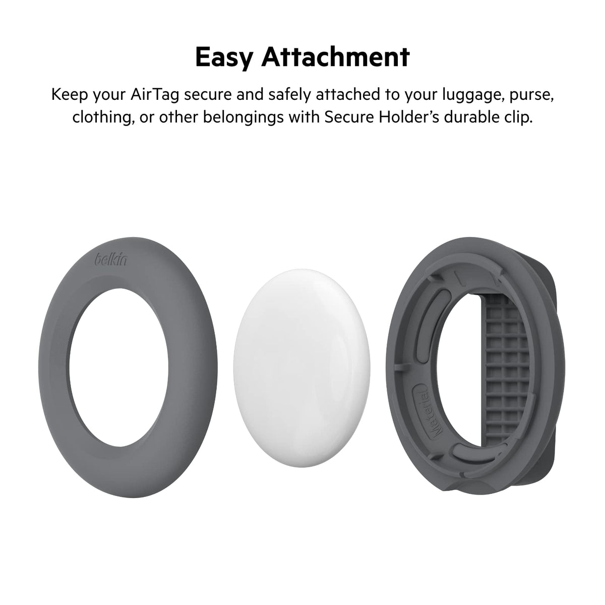 Belkin AirTag holder clip detail highlighting spring-loaded fast attachment benefit