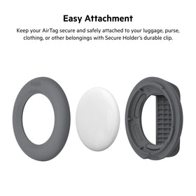 Belkin AirTag holder clip detail highlighting spring-loaded fast attachment benefit
