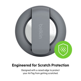 Belkin AirTag holder edge view with engraving visible preserving personalization benefit