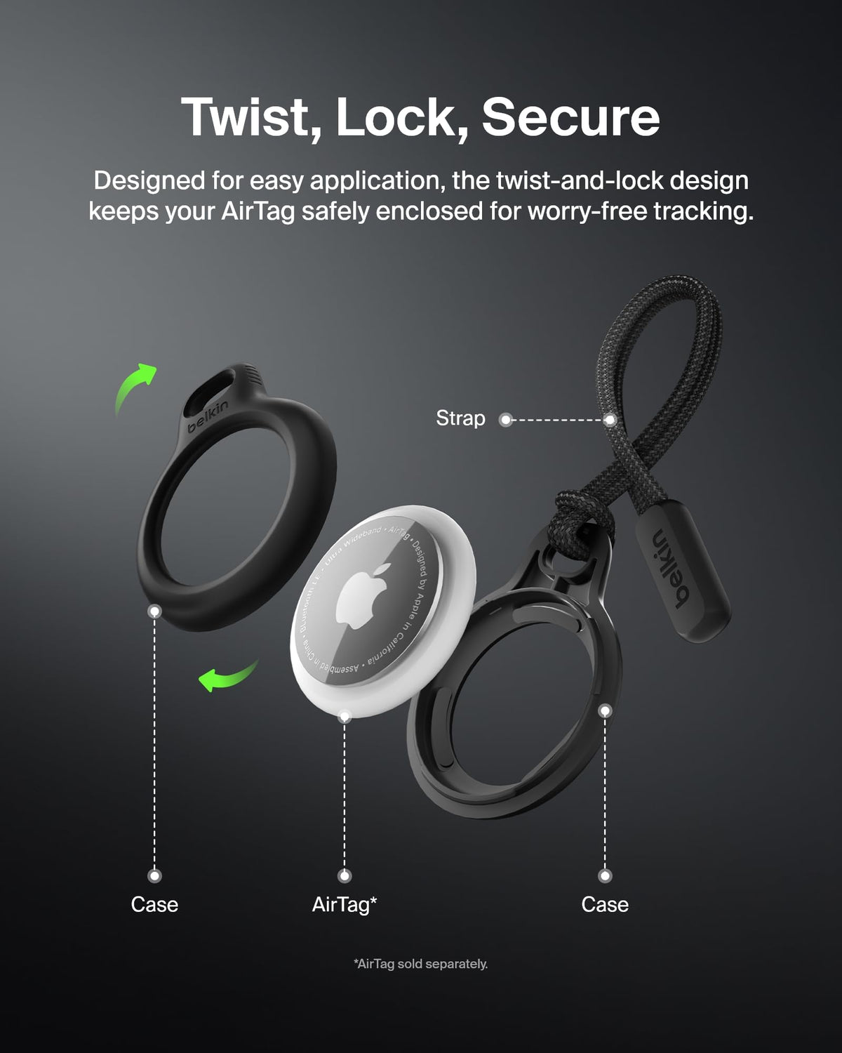 Belkin AirTag holder attached to luggage or purse for easy tracking
