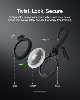 Belkin AirTag holder attached to luggage or purse for easy tracking