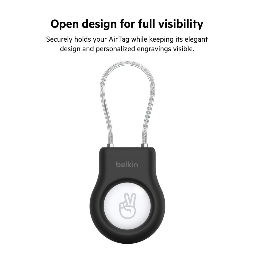 Belkin AirTag Secure Holder braided wire cable detail illustrating flexible, durable attachment