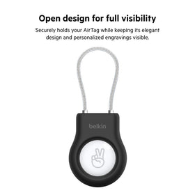 Belkin AirTag Secure Holder braided wire cable detail illustrating flexible, durable attachment