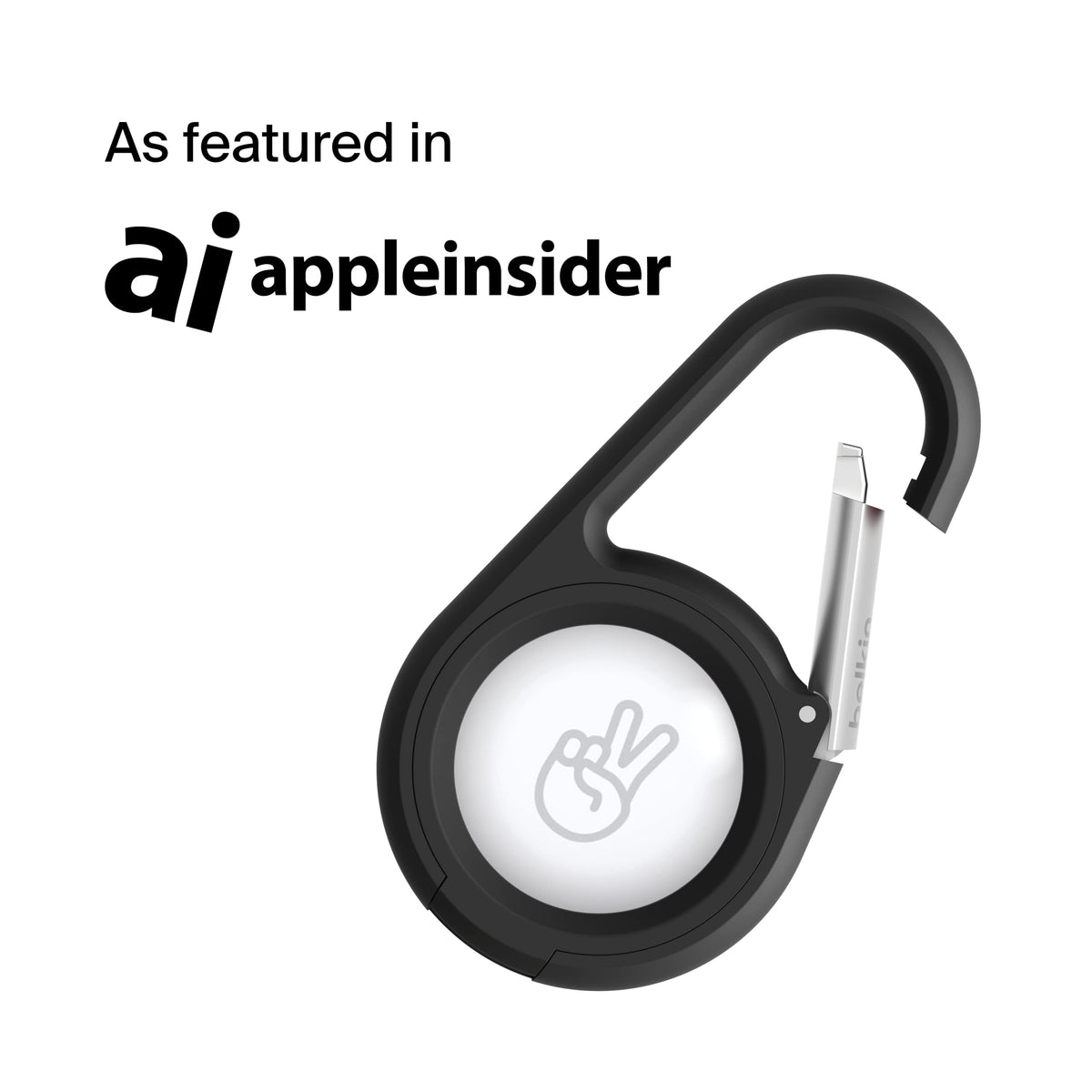 Belkin AirTag Secure Holder with red carabiner ideal for luggage and bags.