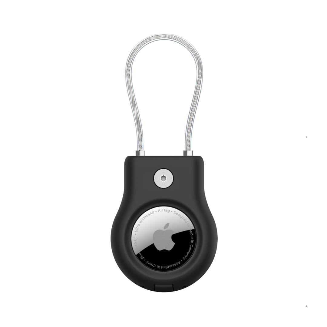 Belkin AirTag Secure Holder with wire cable closeup highlighting durable locking for travel