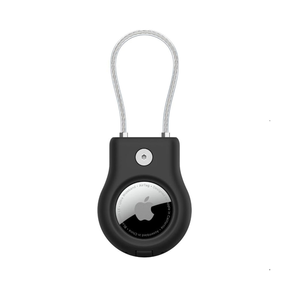 Belkin AirTag Secure Holder with wire cable closeup highlighting durable locking for travel