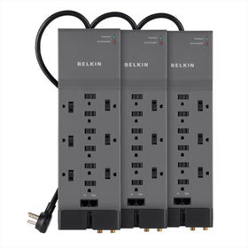 Belkin BE112234-10 12-outlet surge protector powering multiple devices at once