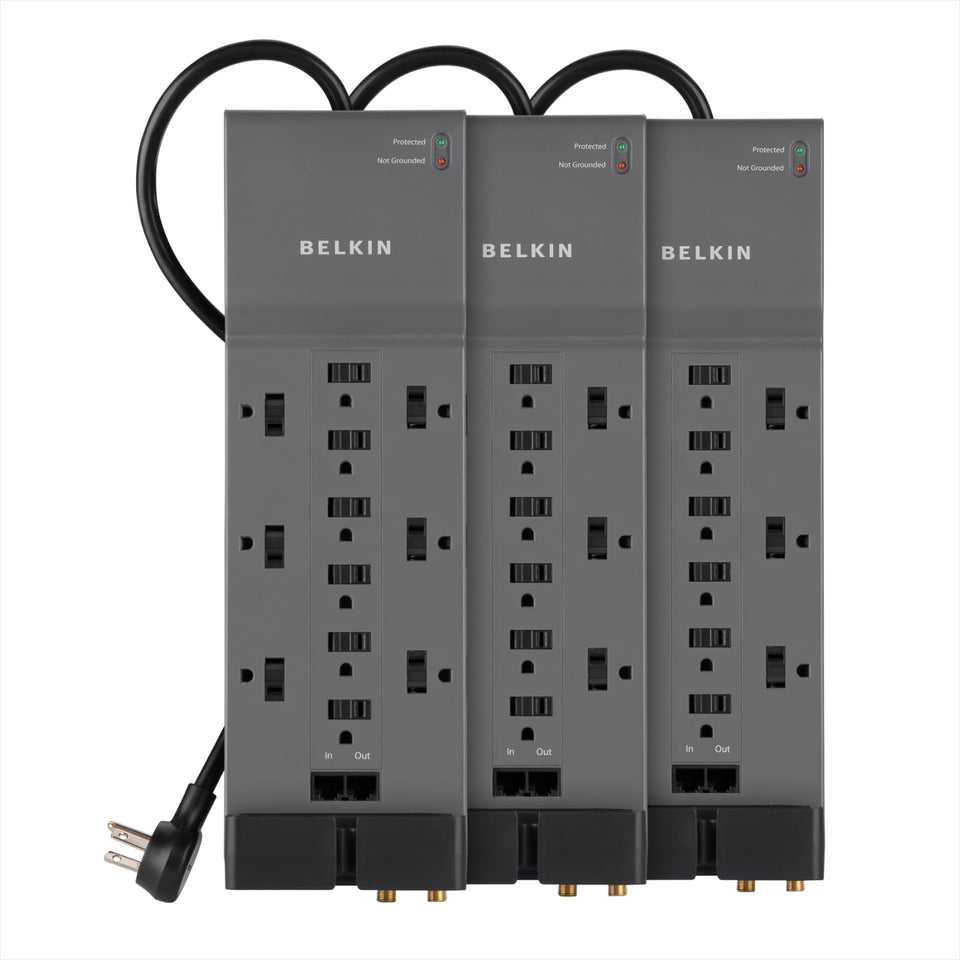 Belkin BE112234-10 12-outlet surge protector powering multiple devices at once
