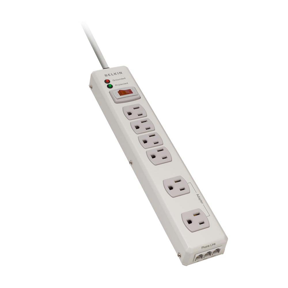 Belkin beige surge protector showing outlets and cord delivering clean power to devices.