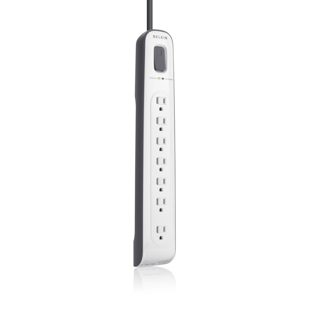 Belkin BV107200-12-foot cord surge protector with seven outlets for organized power distribution.