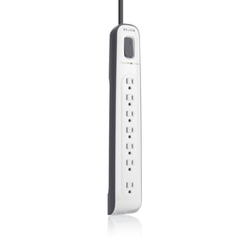 Belkin BV107200-12-foot cord surge protector with seven outlets for organized power distribution.