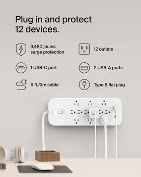 Belkin close-up of USB-C, two USB-A ports and illuminated on/off switch for convenience