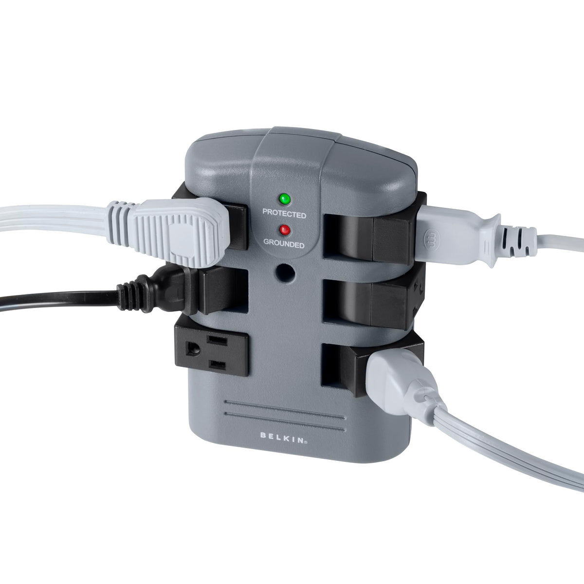 Belkin flat pivot plug enables flush mounting in tight spaces.
