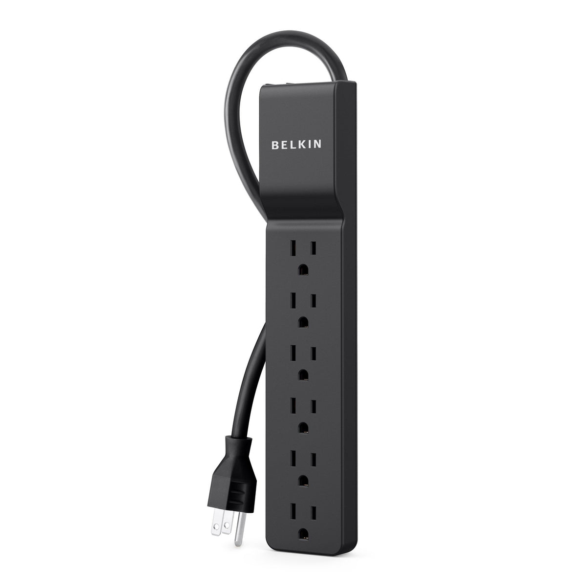 Belkin compact surge protector with low-profile design saves desk space.