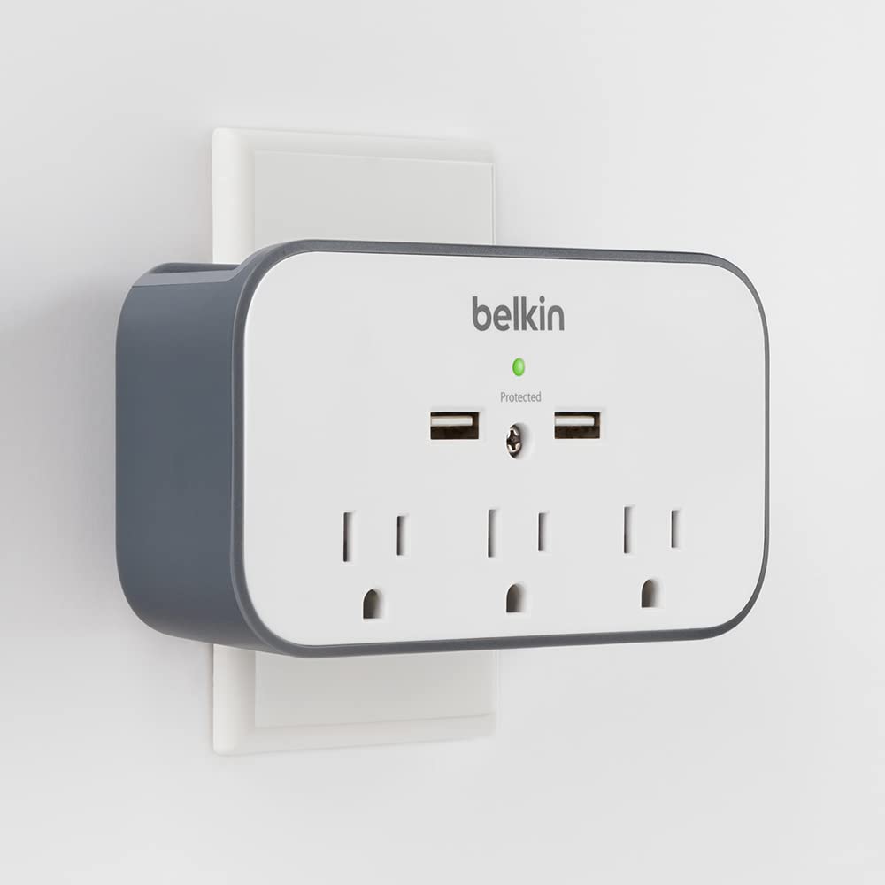 Compact, wall-mountable surge protector ready for desk or wall installation