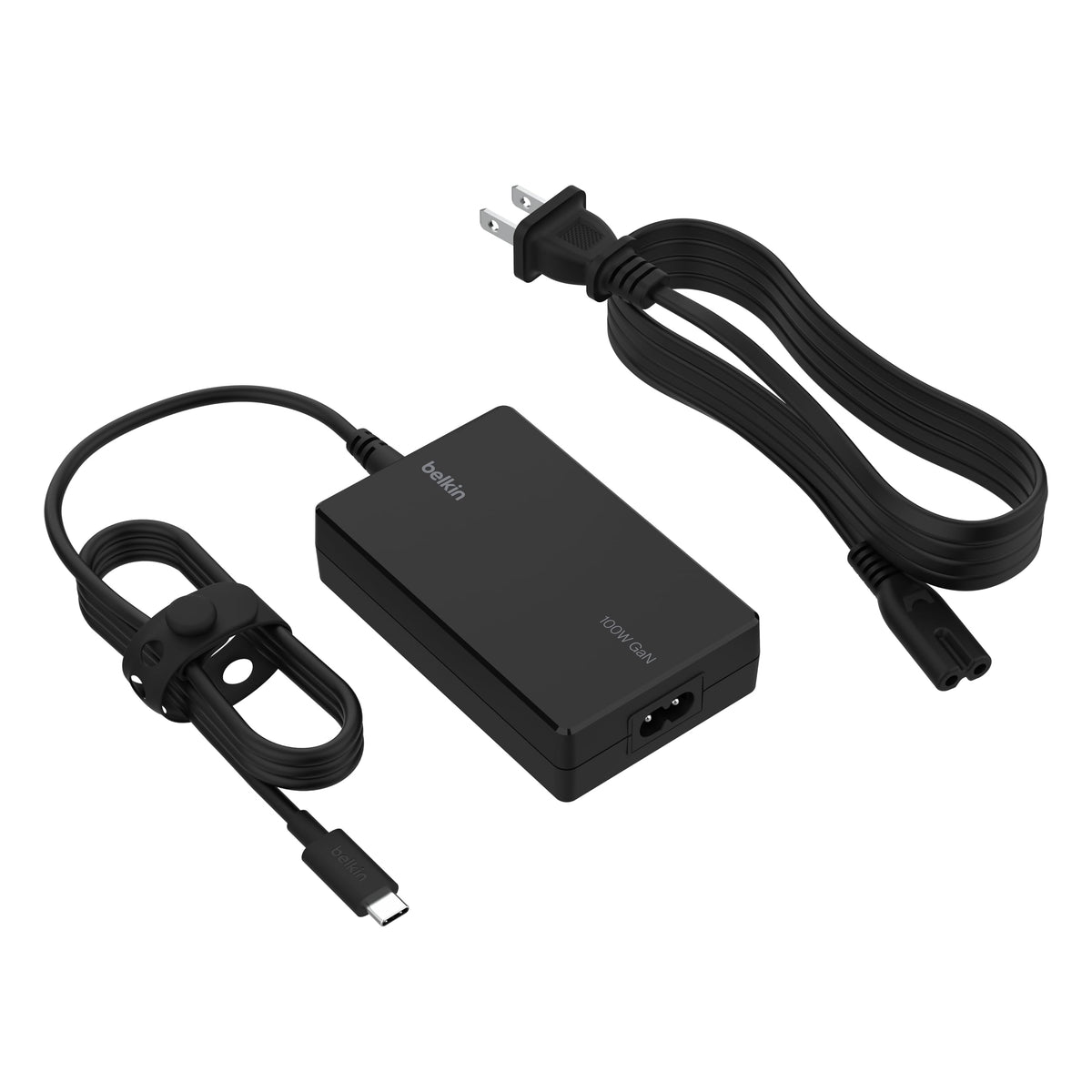 Belkin front view of 100W USB-C adapter showing compact design and branding for portable power