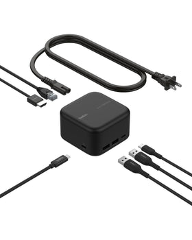 Belkin front view of the Core GaN dock showing ports and compact design, enhancing workspace tidiness