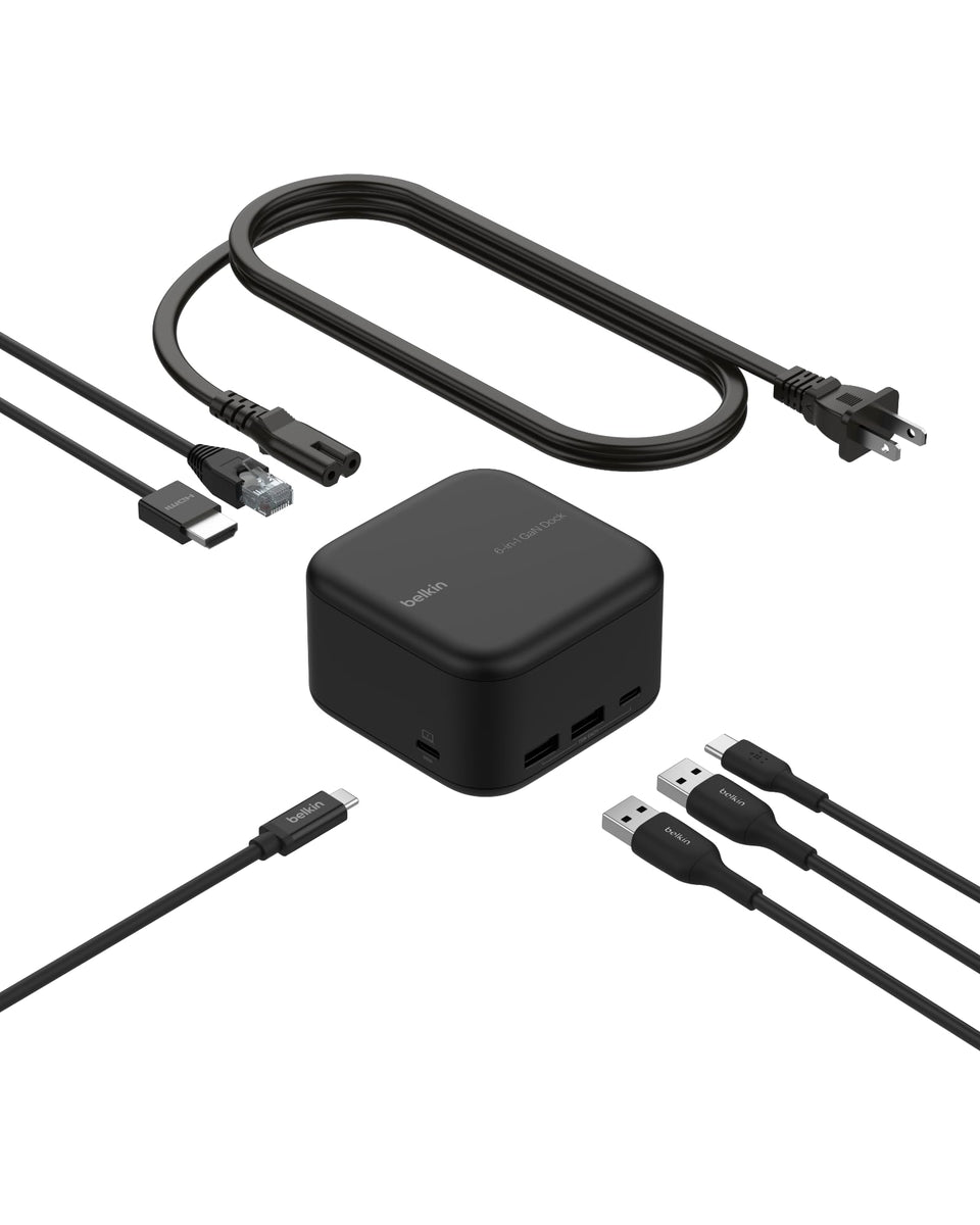 Belkin front view of the Core GaN dock showing ports and compact design, enhancing workspace tidiness