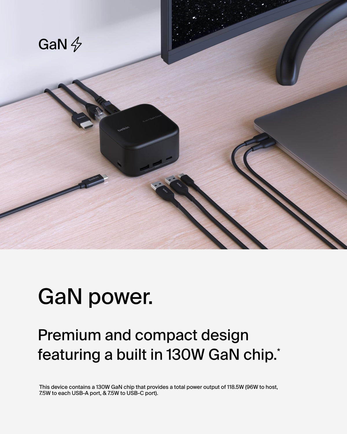Belkin dock connected to HDMI and 4K monitor, enabling crisp external display for presentations