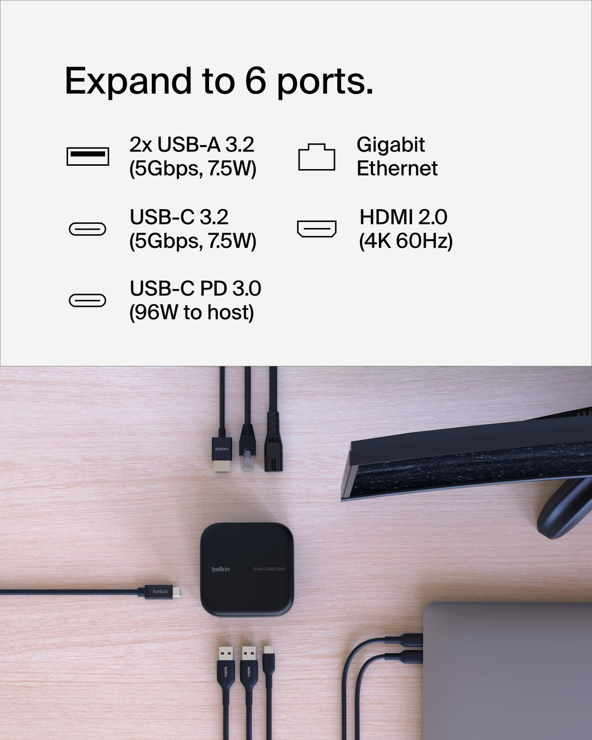 Belkin closeup of side ports showing USB-C and USB-A ports for fast data transfers and charging