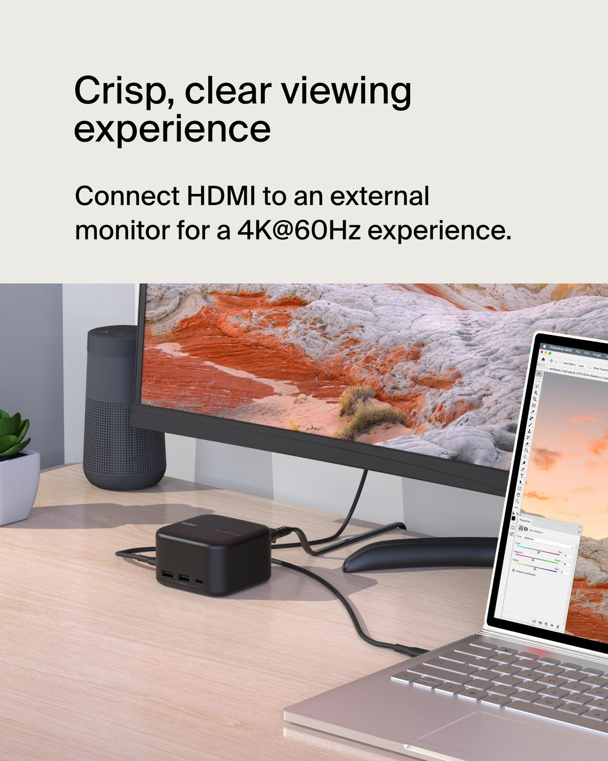 Belkin dock transferring files via USB ports, illustrating quick 5Gbps data movement between devices