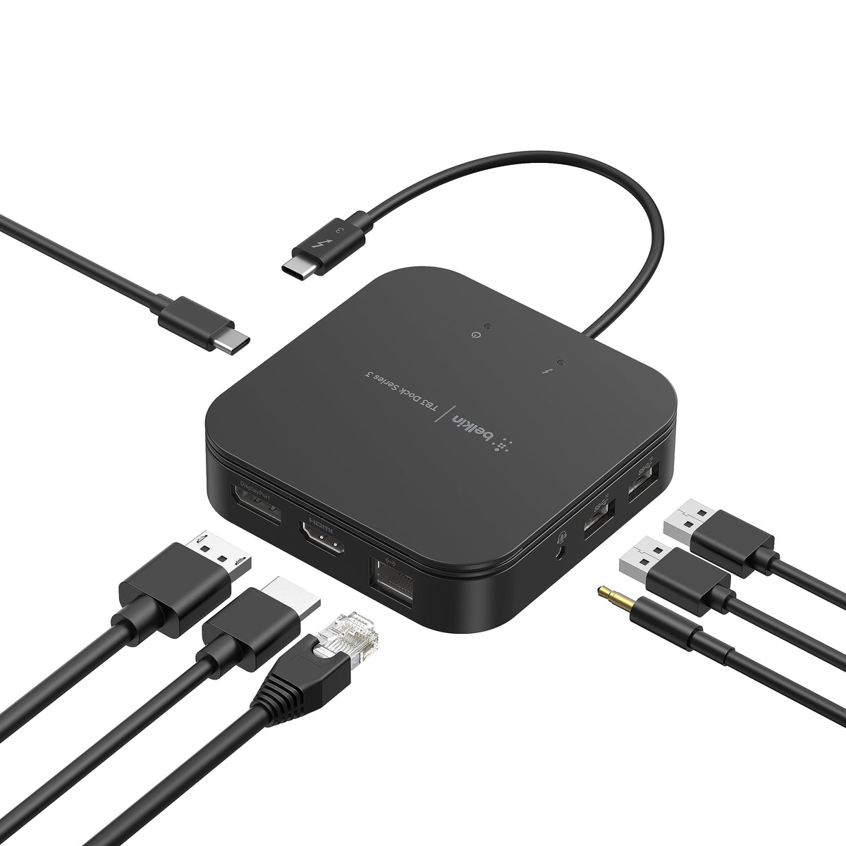 Belkin dock front view showing ports and compact design benefit streamlined workspace