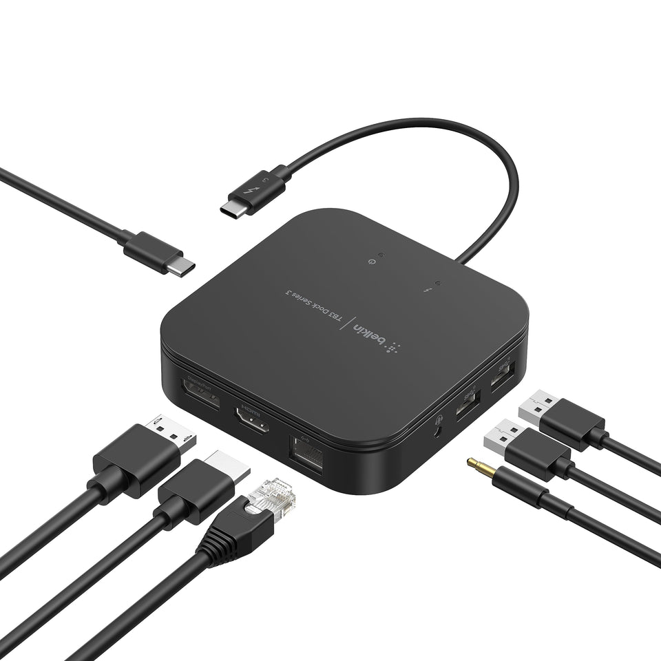 Belkin dock front view showing ports and compact design benefit streamlined workspace